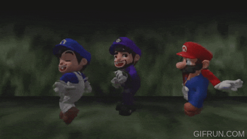 three cartoon characters are dancing in a dark room with the website gifrun.com in the corner