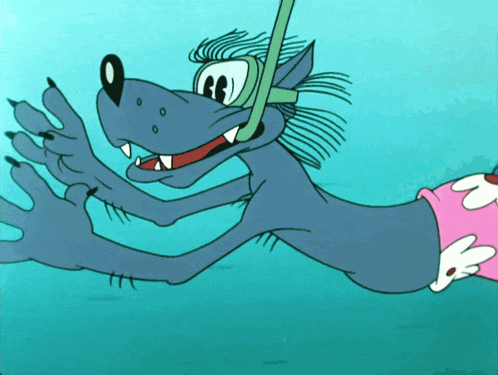 a cartoon wolf wearing goggles and a pink swimsuit is swimming in the water