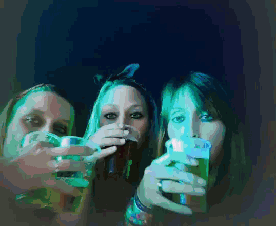 a painting of three women drinking from cups with the letter n on it