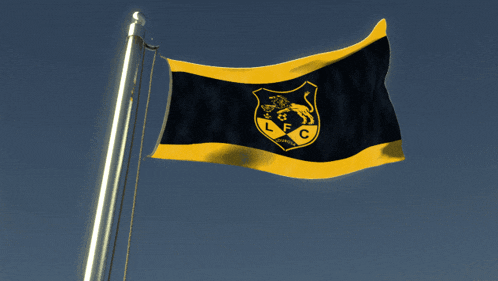 a black and yellow flag with a lion and the letter l on it