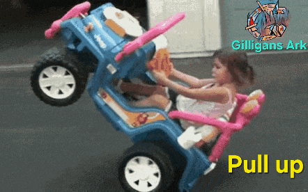 a little girl is being pulled up in a toy car by gilligan 's ark
