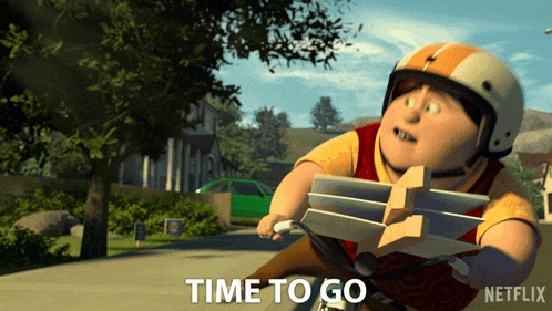 a cartoon character is riding a bike with the words time to go written below him