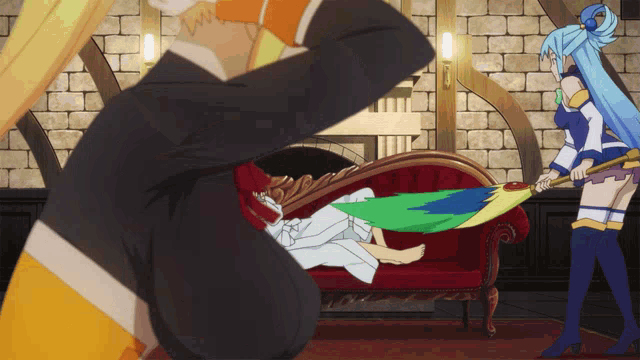 two anime characters are standing next to each other one is holding a broom