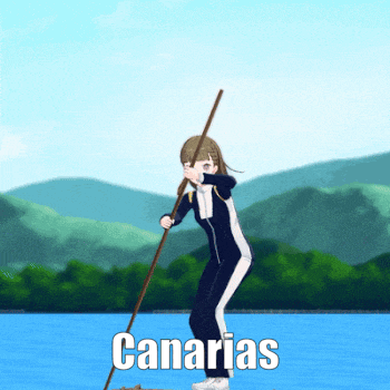 a cartoon of a girl holding a stick with the word canarias written below her