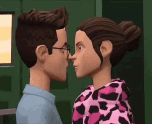 a man and a woman are touching noses in a video game