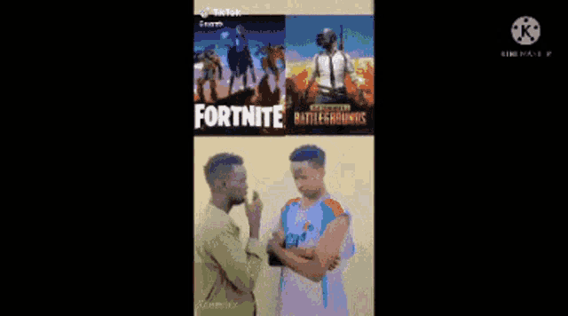 two men are standing next to each other in front of a picture of fortnite and a picture of battlegrounds .