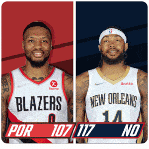 two basketball players from the blazers and new orleans are standing next to each other