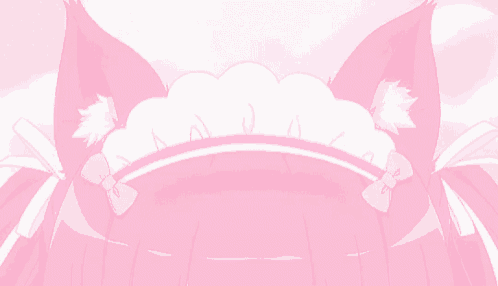 a close up of a pink anime character 's head with a white bow on it