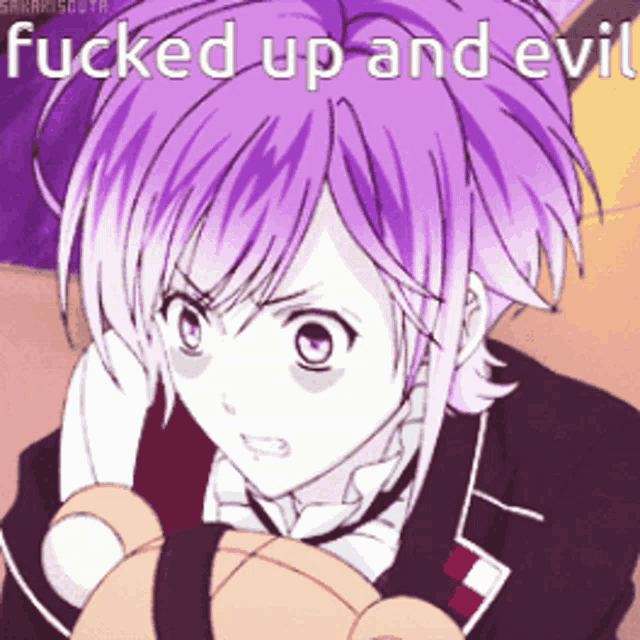 a purple haired anime character with the words fucked up and evil written on the bottom