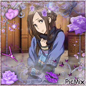 a picture of a girl with purple flowers and picmix written on the bottom right