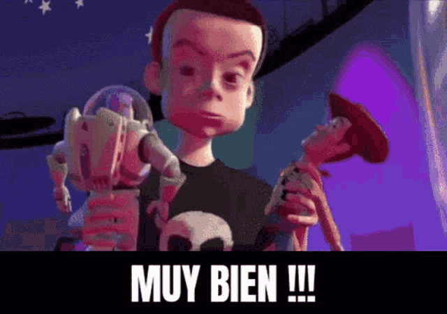 buzz lightyear and woody from toy story are standing next to each other with the words muy bien !!! below them