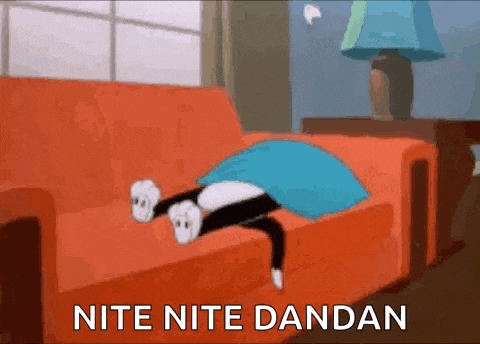a cartoon cat is laying on a couch with the words `` nite nite dandan '' written below it .