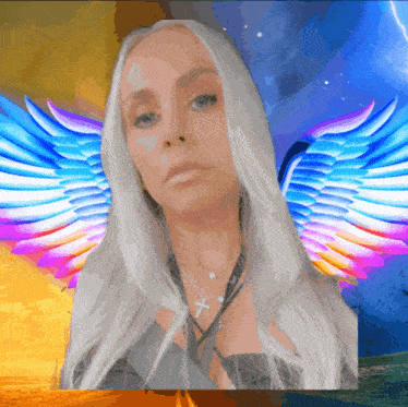 a painting of a woman with angel wings and a cross on her neck
