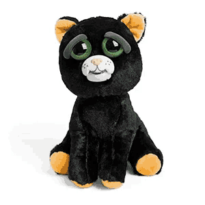 a black stuffed animal with green eyes is sitting on a white background