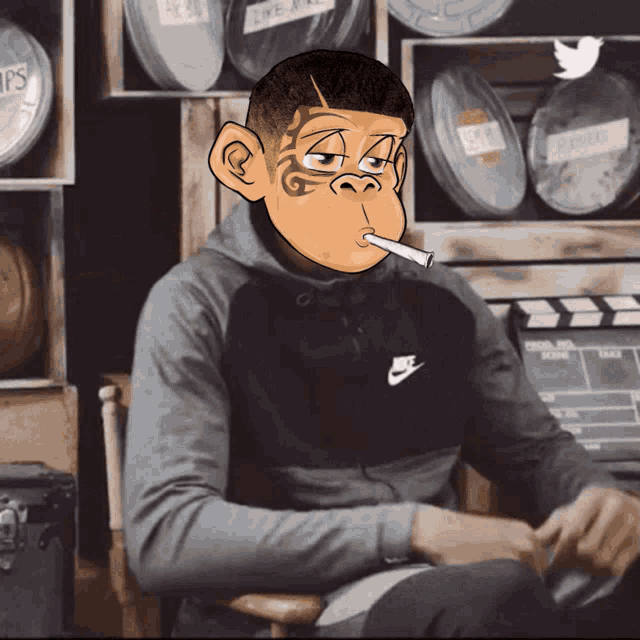 a man wearing a nike hoodie smoking a cigarette