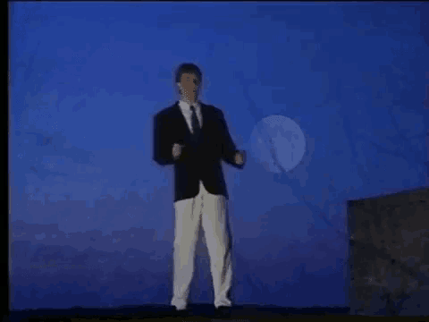 a man in a suit and tie is dancing in front of a full moon in the night sky .