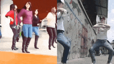 a group of people are dancing in front of a wall that has bicycles on it