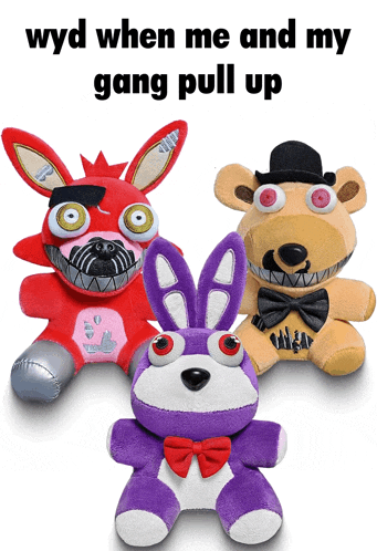 a group of stuffed animals with the words wyd when me and my gang pull up at the top