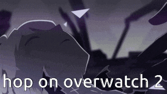 a poster that says hop on overwatch 2 with a cartoon character