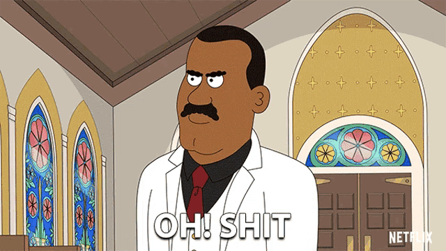 a cartoon of a man in a white coat and tie says oh shit