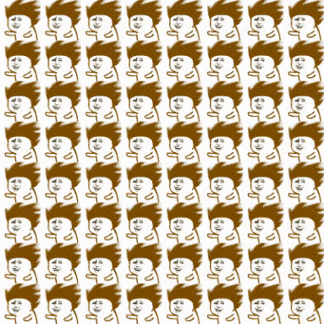 a repeating pattern of faces with brown hair and a white background