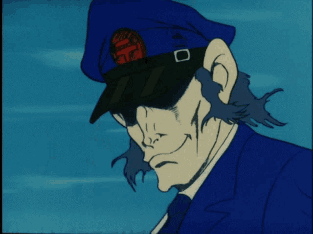 a cartoon drawing of a man wearing a blue hat with a red letter t on it