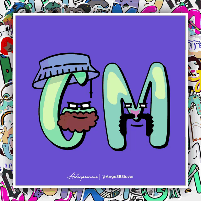 a cartoon drawing of the letter m with a hat on