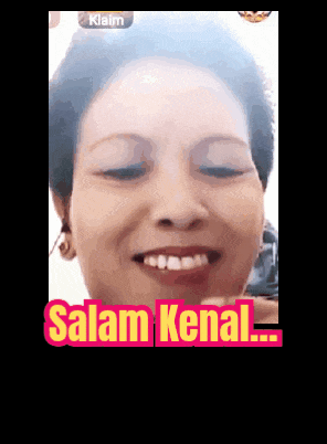 a woman is smiling with the words " salam kenal " above her