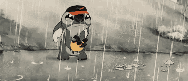 a cartoon character is standing in the rain holding a yellow object