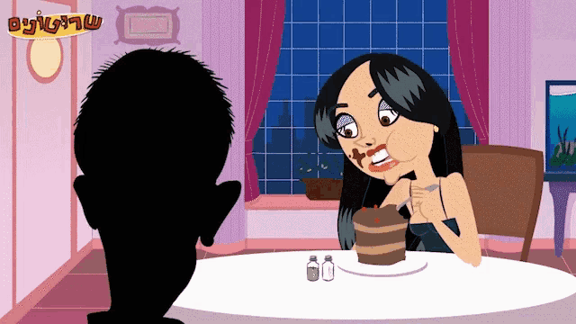 a cartoon of a man and a woman sitting at a table