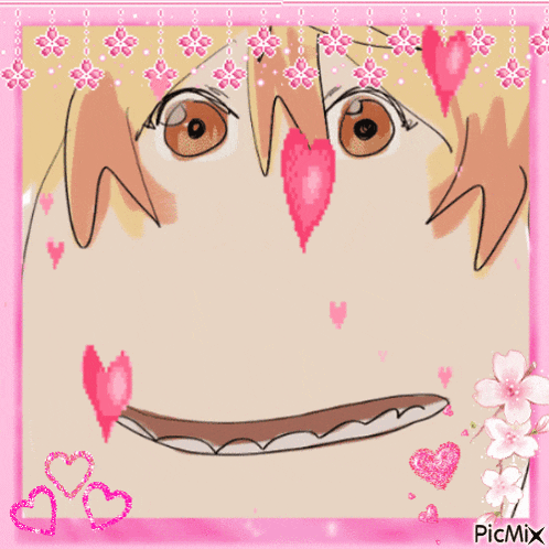 a picture of a girl 's face with pink hearts and flowers around it