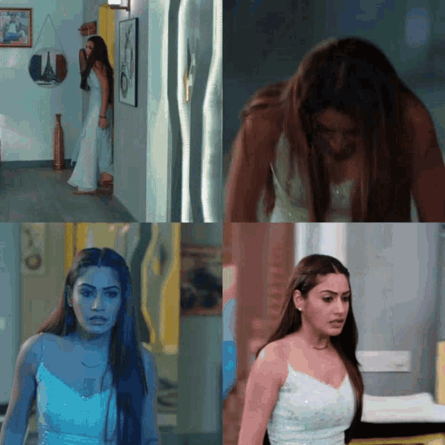 a collage of four images of a woman with long hair