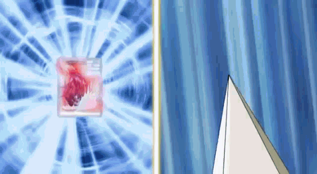 a blue background with a white triangle and a red cube in the middle