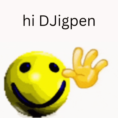 a smiley face with a hand waving in front of it and the words hi djigpen .