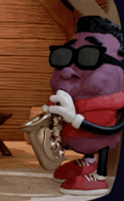 a purple cartoon character is playing a saxophone and wearing sunglasses
