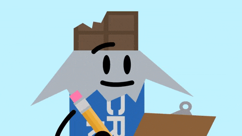 a cartoon character with a chocolate bar on his head holding a pencil