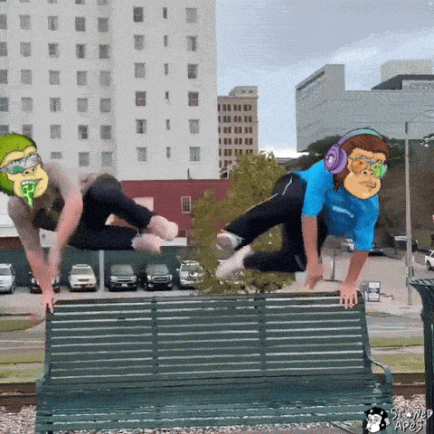 a cartoon of two men jumping over a bench with the words steamed apes written on the bottom