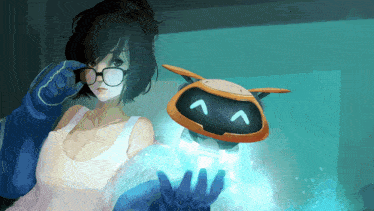 a girl wearing glasses is standing next to a robot with a blue face