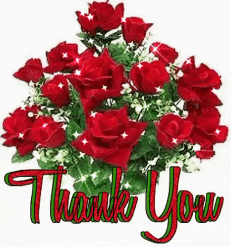 a bouquet of red roses with the words `` thank you '' written on it