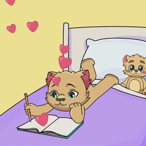 a cat is writing in a notebook with hearts coming out of it