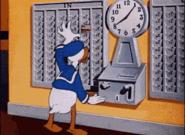 a cartoon of donald duck looking at a clock with the hands on the numbers 1 through 12