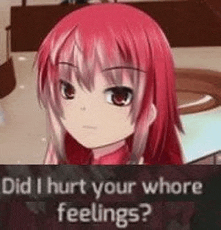 a red haired anime girl is sitting in front of a toilet with the words `` did i hurt your whore feelings '' .
