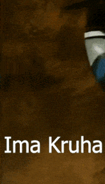 a close up of a stuffed animal with the words ima kruha written below it .