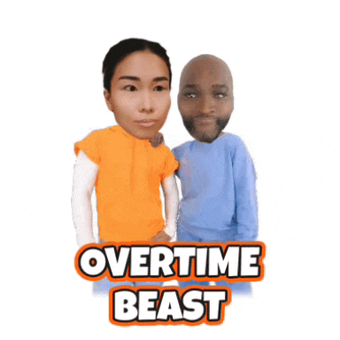 a man and a woman are standing next to each other with the words `` overtime beast '' .