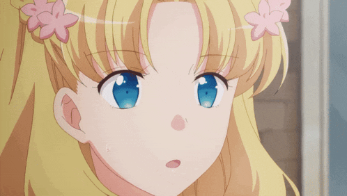 a close up of a blonde anime girl with blue eyes and pink flowers in her hair