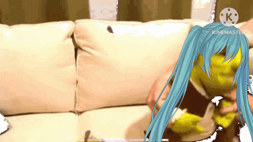 a cartoon character with blue hair is sitting on a couch with a yellow face