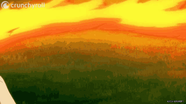 a crunchyroll logo can be seen in the corner of a painting of a field