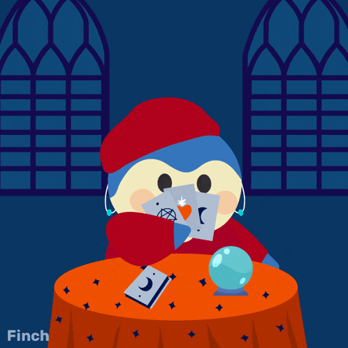 a penguin sitting at a table holding a crystal ball and playing cards with the words ask away behind him