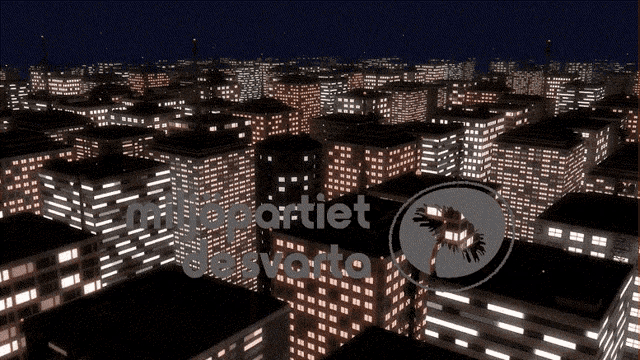 an aerial view of a city at night with the words " micropartiet " visible
