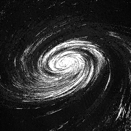 a black and white drawing of a spiral in the sky
